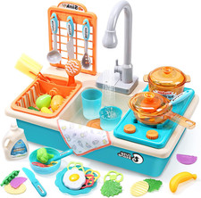 Cute Stone Kitchen Sink Toys with Faucet Color Changing Dishes for Kids