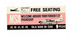MSA Flight 031 Boarding Pass 1960's Malaysia Singapore Airlines Fokker F-27