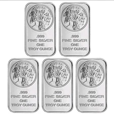 Lot of 5 - 1 Troy oz Buffalo .999 Fine Silver Bar Sealed