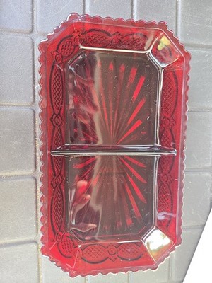 Avon Cape Cod Ruby Red Divided Condiment Dish Relish Tray 9 3/8'' Glass