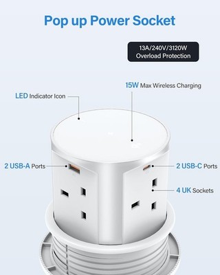 Pop Up Steckdose mit 15W magnetischem kabellosem Ladegerät, 65W USB C Schnellladen
