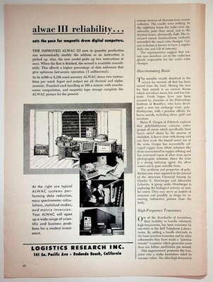 Logistics Research Inc. 1955 ALWAC III Magnetic Drum Computer Ad 8x11
