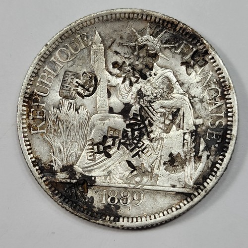 1889 FRANCE INDO CHINA Silver Piastre w/ Chopmarks Trade Dollar *T474