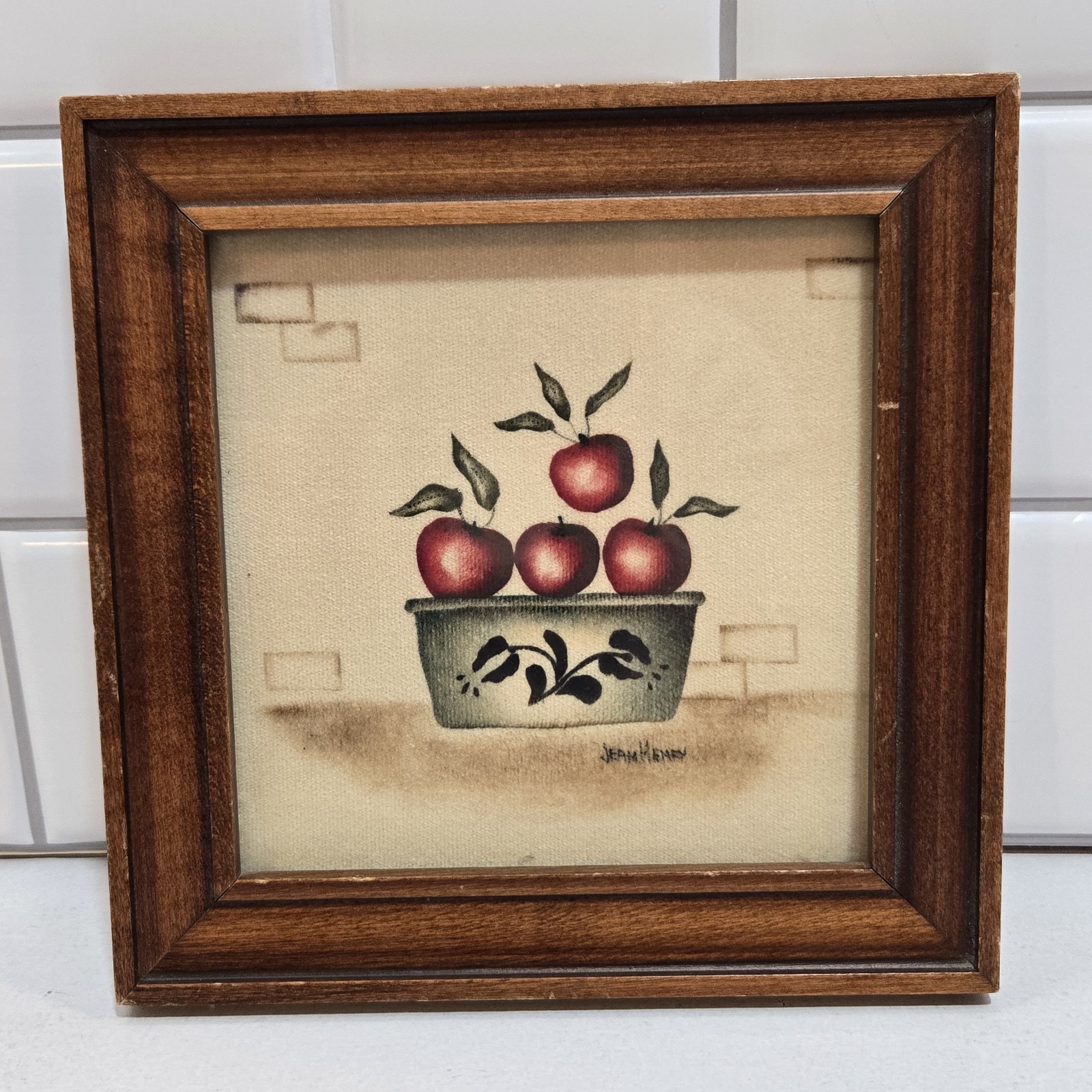 Vintage Jean Henry Theorem Folkart Painting Apples in Pottery Basket Framed