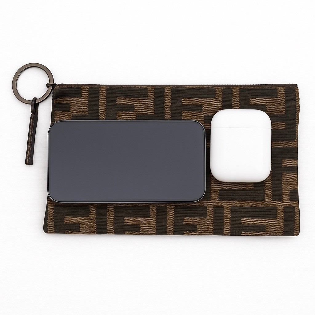 Vintage Fendi Logo Skull Brown Tobacco Zucca Canvas Nylon Key Ring
