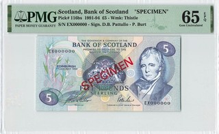 SCOTLAND 5 Pounds 1994 P 116bs SPECIMEN Bank of Scotland PMG 65 EPQ Gem UNC.