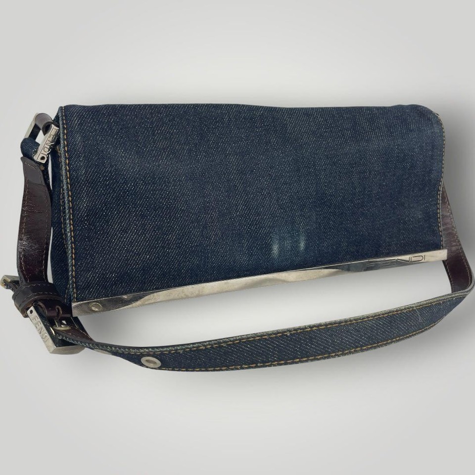 FENDI Mamma Baguette Denim Shoulder Bag Blue Silver Hardware Womens 11x5.9 in