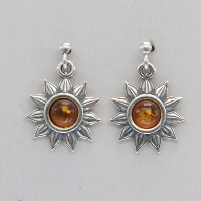 Cognac Brown BALTIC AMBER Flower Dangle Post Earrings 925 STERLING SILVER #1326e