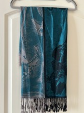 Ama Waterways Woman’s Blue Teal Black Silver Scarf Wrap Tassels 28/75”