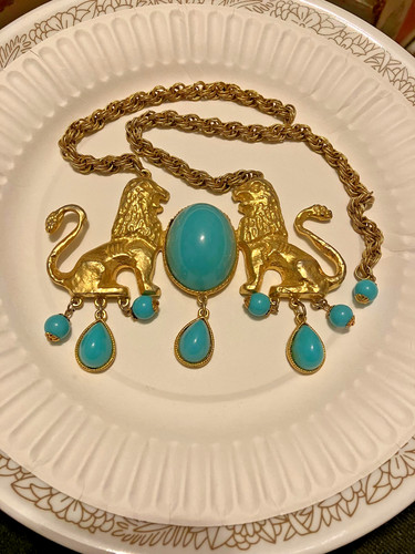 vintage attributed Donald Stannard large Twin Lions Necklace.