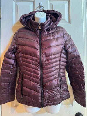 Calvin Klein Puffer Jacket Womens Burgundy Packable Hooded Down Coat Warm Sz S