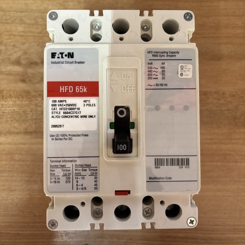 Eaton 100 Amp Industrial Circuit Breaker 3P 600 VAC / 250 VDC 65kA HFD3100BP10