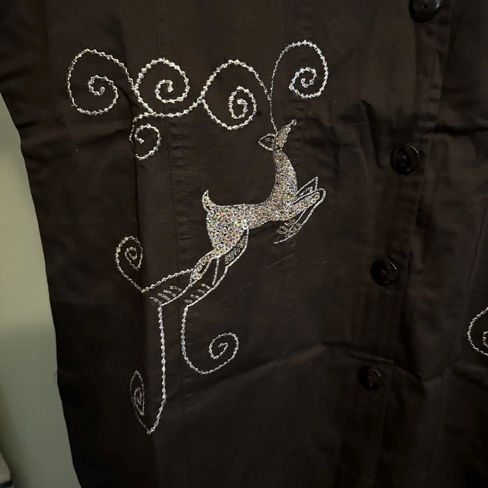 The Quacker Factory Black Stretch Silver embroidered reindeer Womens Sz Lg NWT - Image 3 of 4