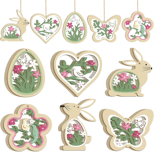 24 Pcs Wooden Easter Ornaments Decoration 6 Styles Wood Colorful Flower Butterfl