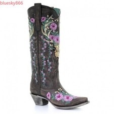 Women Floral embroidery Pointed Toe Knee High Knight Boots Western Cowboy Boots
