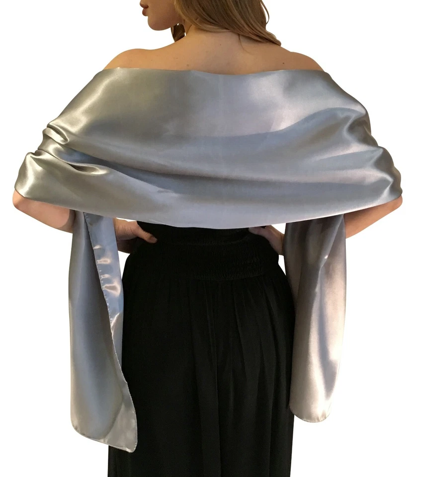 Central Chic Silver Satin Shawl Wrap Scarf Pashmina Wedding Bridesmaids Parties