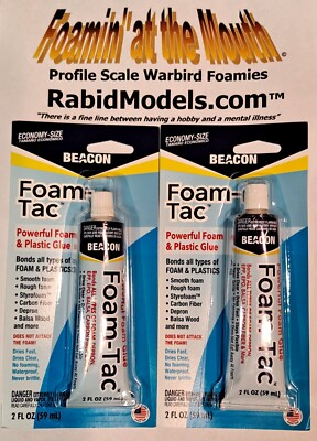 ** TWO ** BEACON FOAM-TAC GLUE TUBES - Flexible and FOAM SAFE, dries clear