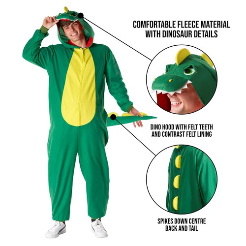 Adult Dinosaur Costume Men`s Women`s T Rex Pajama Jumpsuit Halloween Fancy Dress - Picture 2 of 5