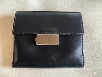 Authentische GUCCI Bi-fold Wallet Flap Compact Geldbörse Kalbsleder schwarz g...