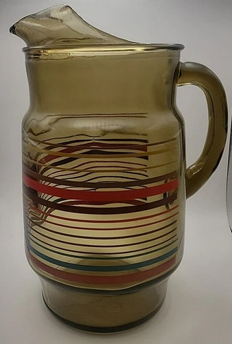 MCM Vintage Anchor Hocking Multi Colored Smoked Striped Pitcher Iced Tea