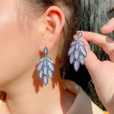 Sparkly Blue Leaf Dangle Drop Earrings Women Bridal Silver Plated Zircon Jewelry