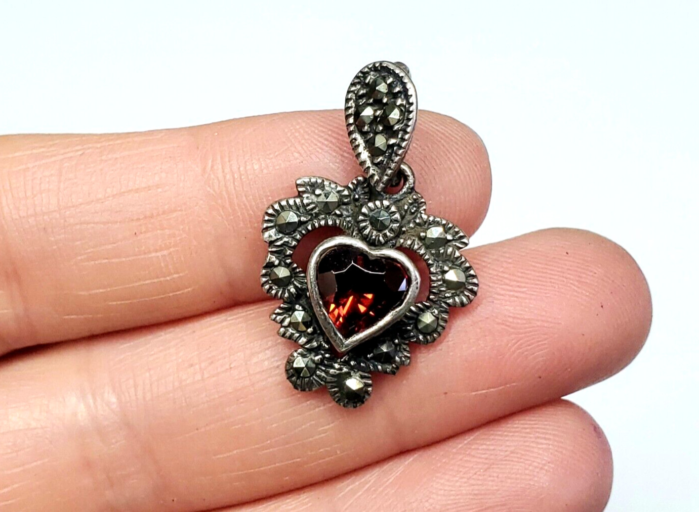 Vintage Marsala Sterling Silver Marcasite Garnet Heart Pendant