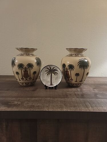 BOGO SALE Vintage Palm Beach Chic Gold & Green Ceramic Palm Tree Vase 2 FOR ONE