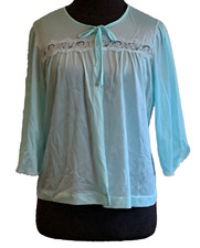 Vtg Aqua Blue Bed Jacket Nylon White Lace Lingerie JC Penney Grannycore Sz M
