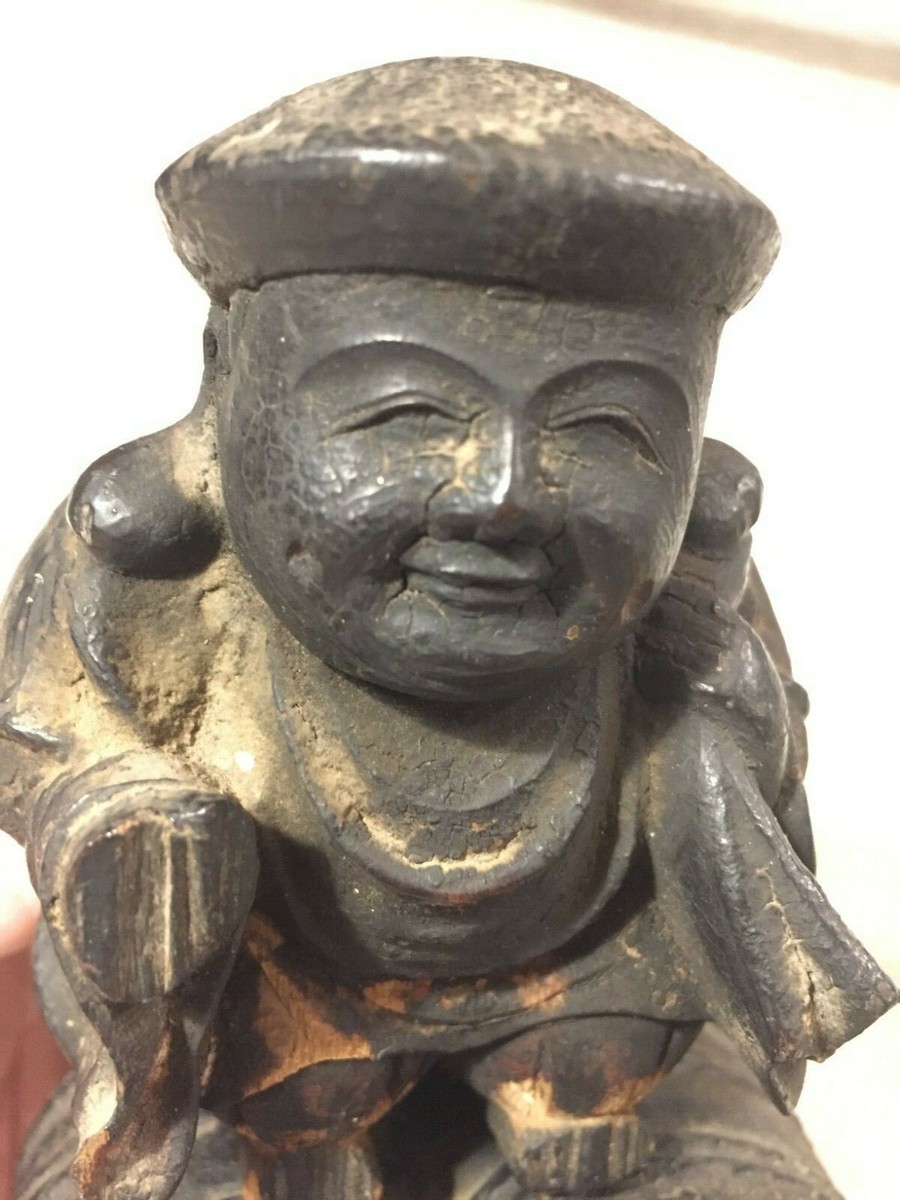 Very Old Japanese Wooden Statue/Sculpture of Daikokuten 大黒天 w