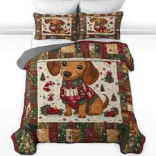 Custom Dachshund Christmas Quilt Bedding Set, Dog Quilt Bedding Pillowcase