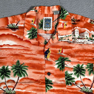 Ocean Current Shirt Mens Medium Orange Hawaiian Rayon Island Graphic Casual Logo