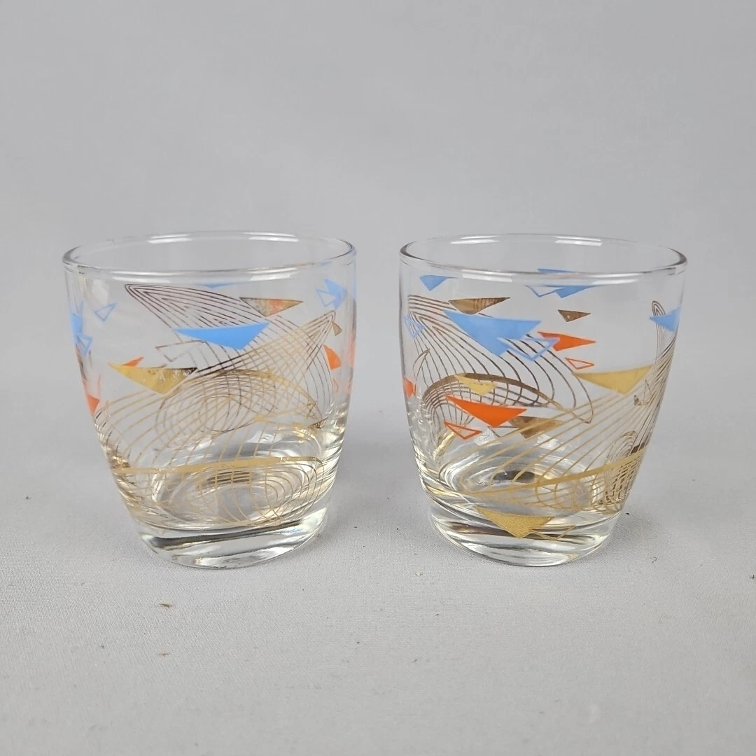 Anchor Hocking MCM Atomic Glasses (2) Boomerang Futuristic Vtg Gold Red Blue