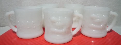 SET OF 5 VINTAGE FIRE KING "GROG" JOHNNY HART CAVEMAN MILK GLASS COFFEE MUGS