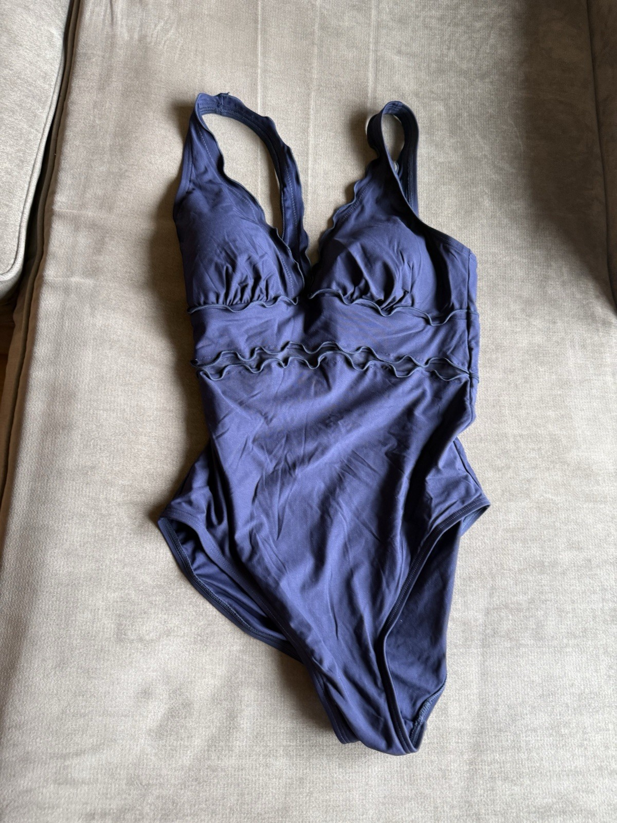DKNY Blue Ruffle V Neck One Piece Swimsuit Size 10