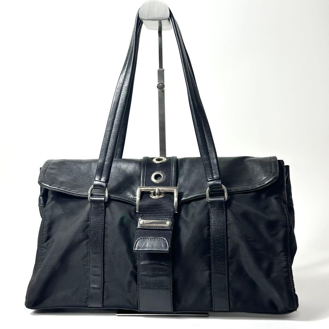 PRADA nylon and leather shoulder bag in black with triangle logo