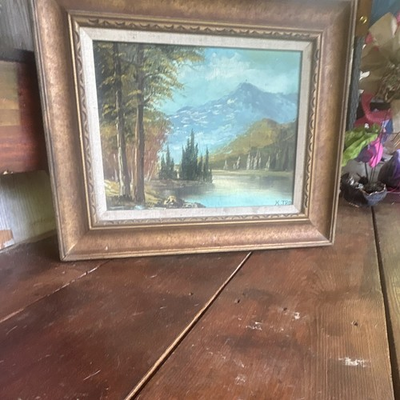 #ad K. Troy Signed Framed Small Mountain Lake Landscape Painting with Trees $120.00