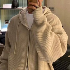 Winter Men Knit Hooded Cardigan Sweater Casual Long Sleeve Loose Hoodie Knitwear