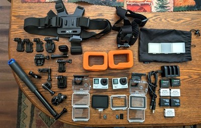 GoPro HERO4 Bundle 2 Cameras. 7 Batteries, Triple Charger, 8GB Sds,Many EXTRAS!