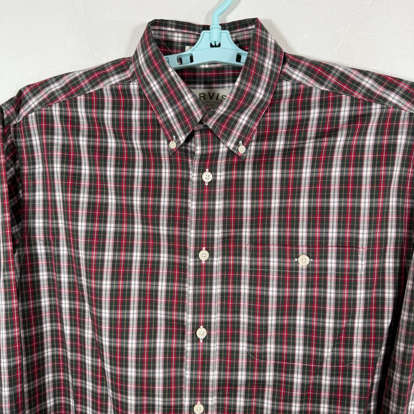 Orvis Shirt Mens Large Red Green Button Down Oxford Long Sleeve Tartan Plaid