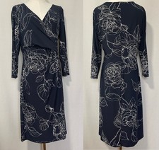 Lauren Ralph Lauren Navy Blue White Floral Faux Wrap Midi Dress Size 12 LRL