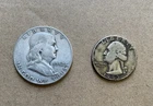 Lot Of 90% Silver Ben Franklin Half Dollar Coin And Washington Quarter 1952 D