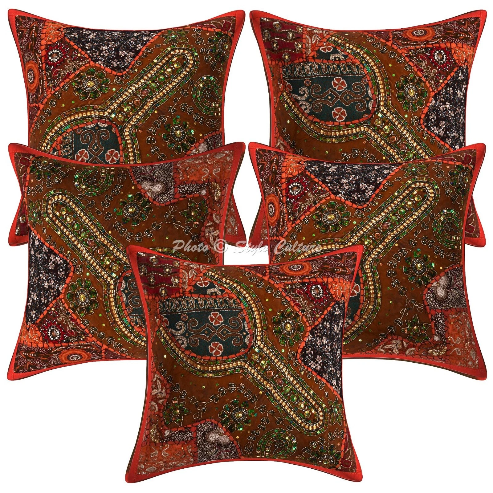 Boho Cotton Throw Pillow Covers Beaded Patchwork Orange Neck Design Home Decor