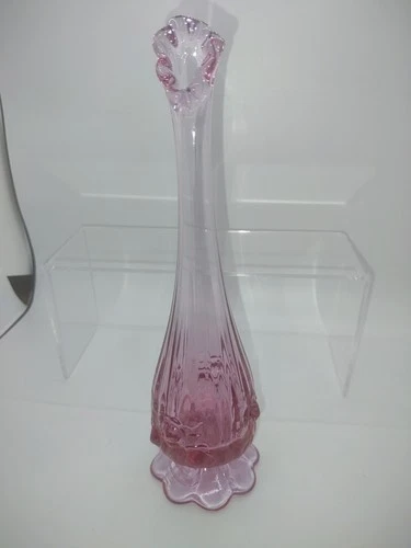 Fenton Cabbage Rose Blown Glass Swung Pedestal Bud Vase Pink 10"