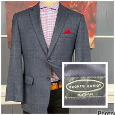 Pronto Uomo Sport Coat Blazer Jacket Mens 42R Wool Rayon Blue Plaid Flannel