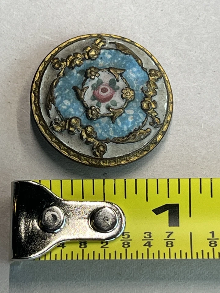 6 Antique Guilloche Victorian Buttons 1 inch Metal Florals Enamel - Image 2 of 4