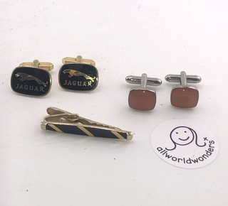 Vintage Jaguar Cufflinks & Tie Clip Gold Tone Black Enamel Mens Formal