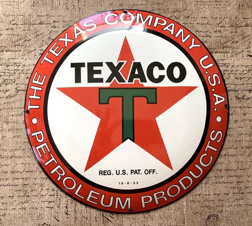 VINTAGE 12" DOME TEXACO TEXAS COMPANY GASOLINE OIL PORCELAIN PUMP STATION SIGN