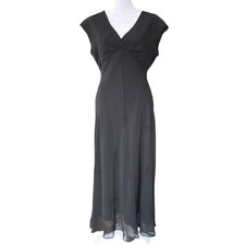 Vintage 1990s Beaded Sheer Empire Waist Black Midi Dress 10 Formal Silky Y2K