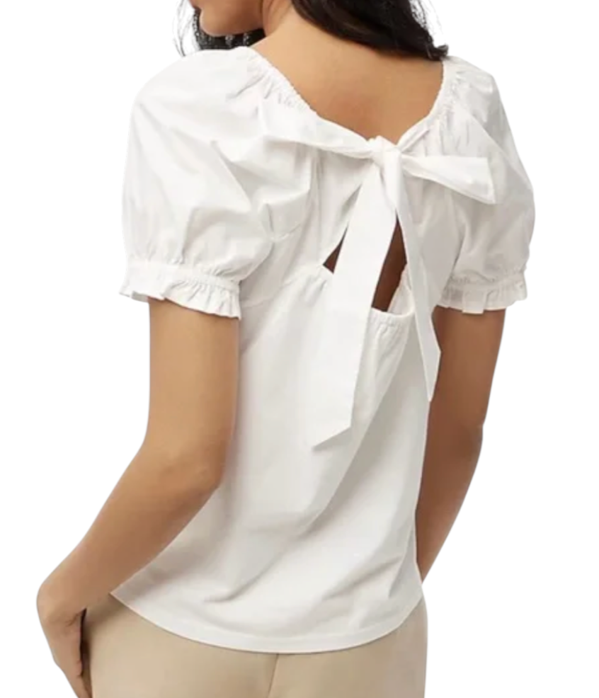 J CREW TIE BACK TOP BLOUSE White Knit & Crisp Poplin PUFF SLEEVE Bow/Open SZ XL