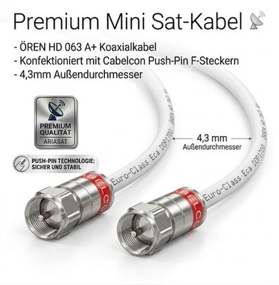 Mini Sat Kabel 4mm dünn fertig mit Cabelcon Stecker Klasse A+ Vollkupfer Koax